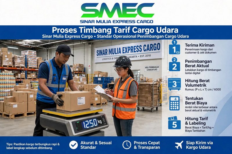 proses penimbangan untuk perhitungan tarif cargo udara di Sinar Mulia Express Cargo